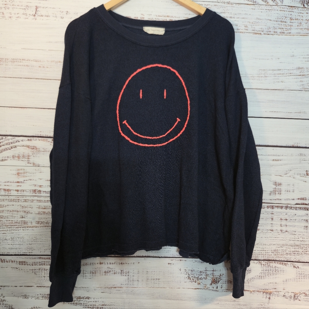By Together Smiley Face Sweatshirt Women's Small BLUE Raw Hem Cozy Pullover